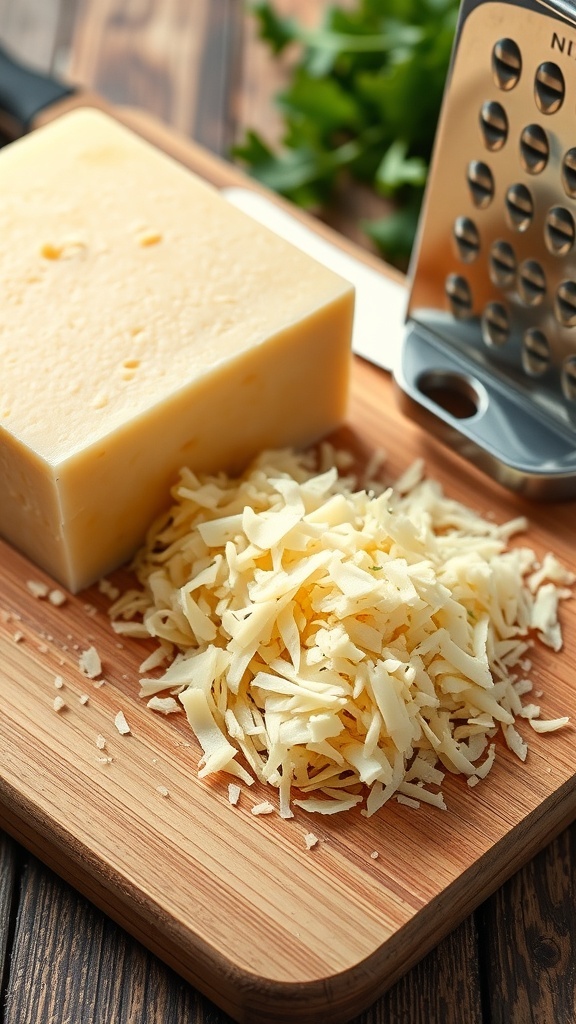 Freshly grated Parmesan cheese on a cutting board with a box grater.